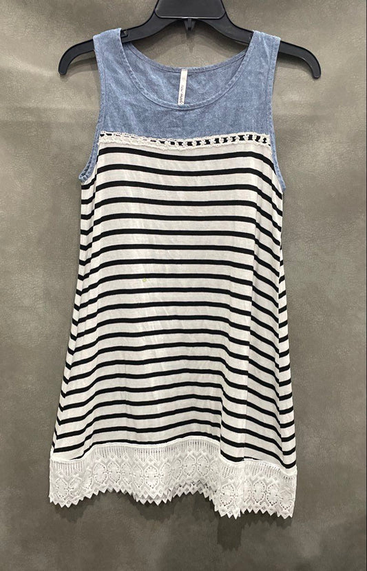 New Mode Women's White Black Striped Blue Yoke Floral Lace Tank Top Tunic Sz M