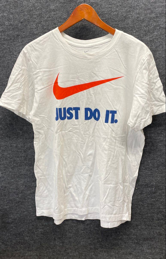 Nike Men's White Graphic T-Shirt Orange Swoosh Just Do It Logo Size L