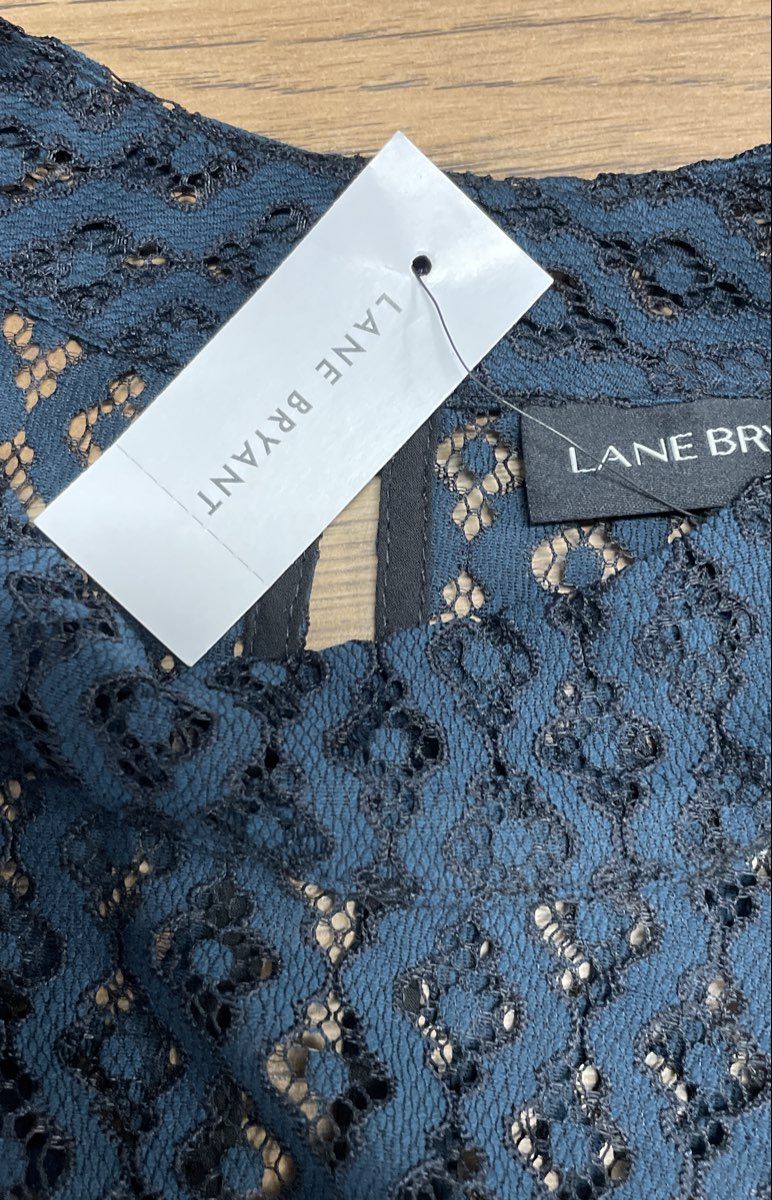 Lane Bryant Women's Teal Blue Lace Peplum Blouse High Neck Bell Sleeve NWT Sz 18