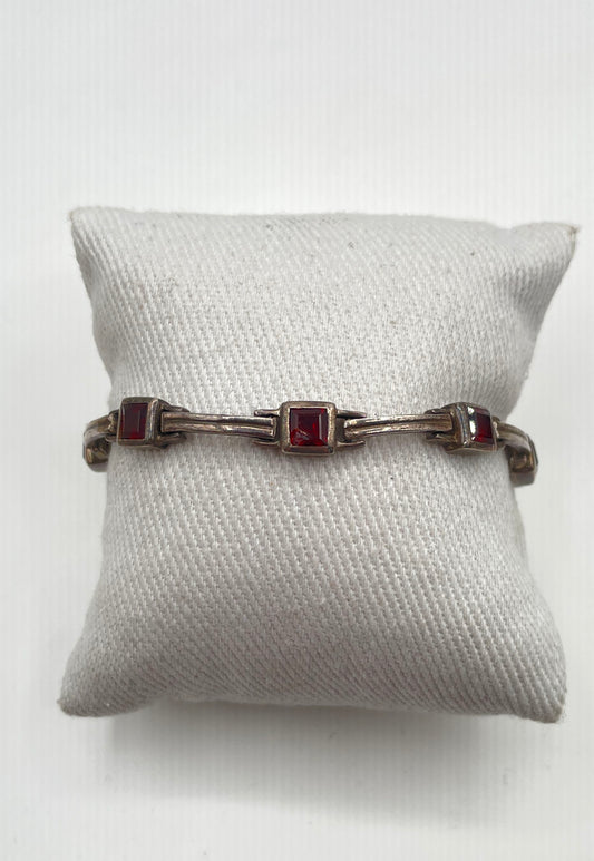 925 Sterling Silver Garnet Accent Bar-And-Box Link Bracelet 17.9g *Damaged*