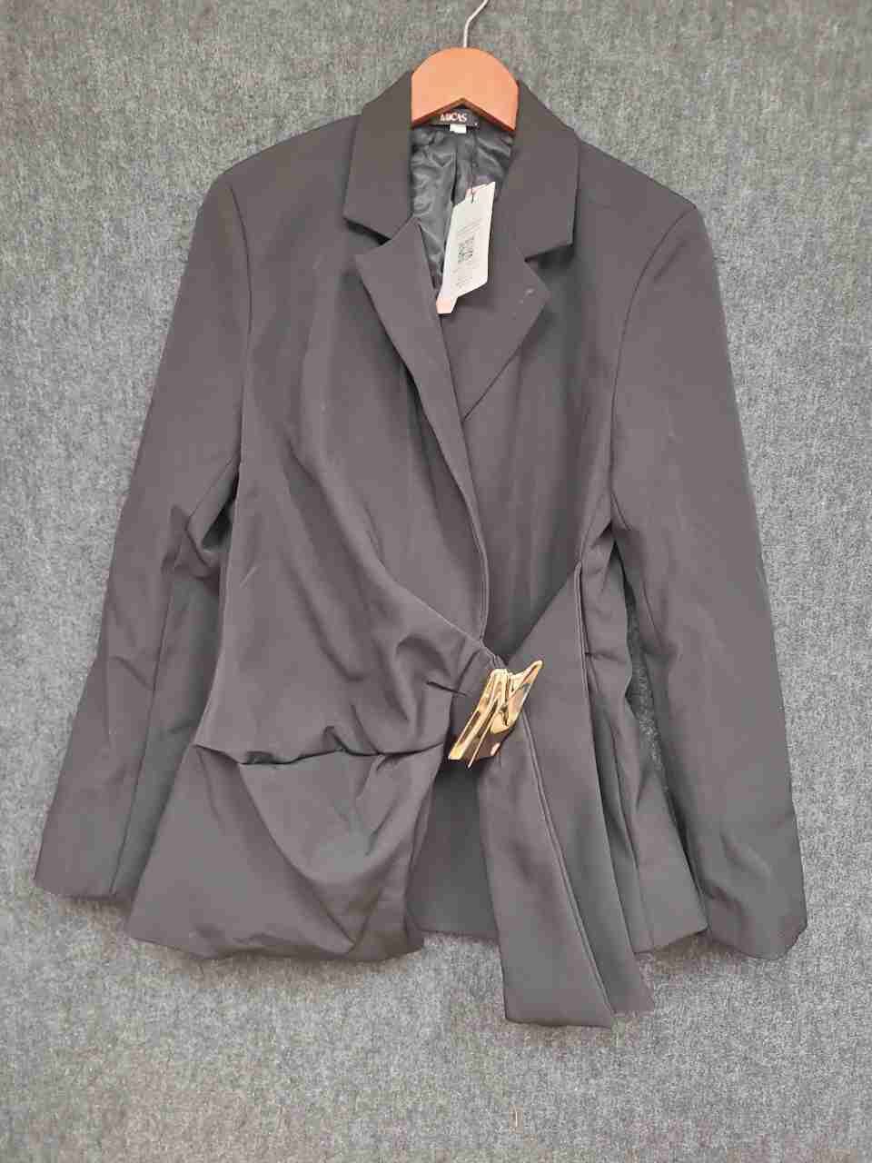 MICAS Women's Black Asymmetrical Gold Buckle Draped Blazer Sz L NWT