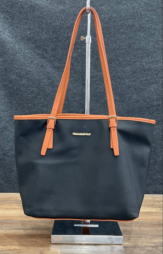 Montana West Black Tan Pebbled Vegan Leather Tote Handbag Gold Hardware