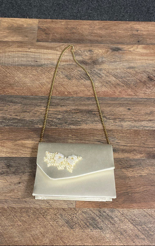 Vintage 90s Dyeables Cream Satin Beaded Lace Bow Evening Bag Clutch Gold Chain