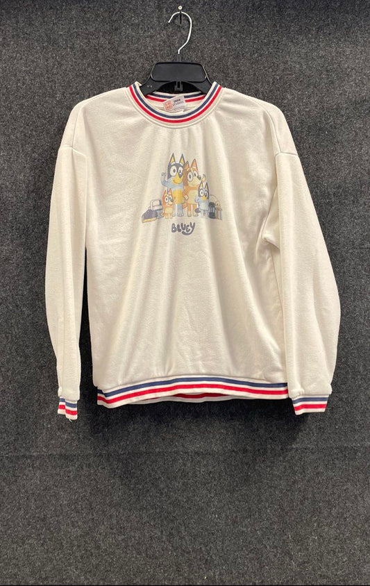 BBC Studios Bluey Cream Graphic Crewneck Sweater Red Blue Striped Trim Sz M