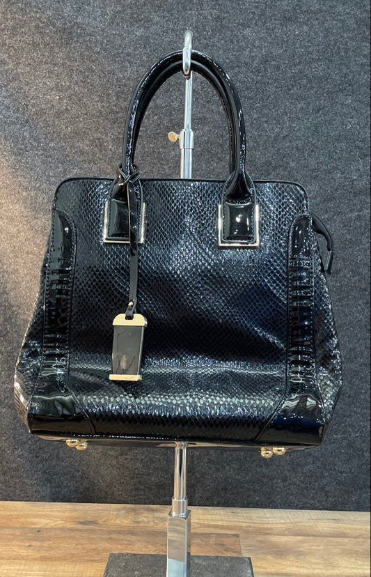 Unbranded Black Patent Snakeskin Embossed Satchel Handbag Gold Hardware