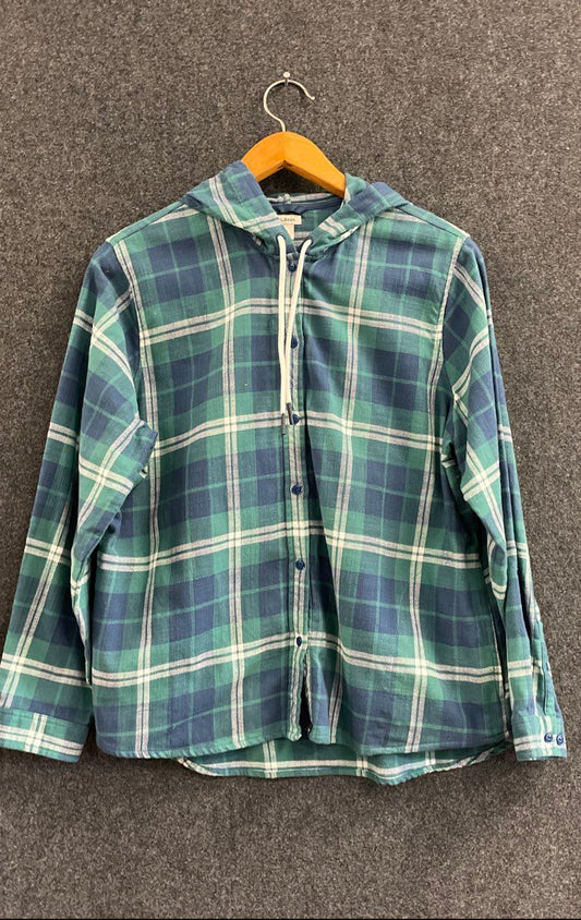 L.L. Bean Men's Hooded Flannel Shirt Jacket Green Blue Plaid Sz XL