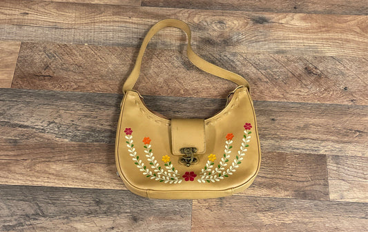 Vintage l.e.i. Tan Floral Embroidered Hobo Shoulder Bag Y2K Boho Brass Clasp