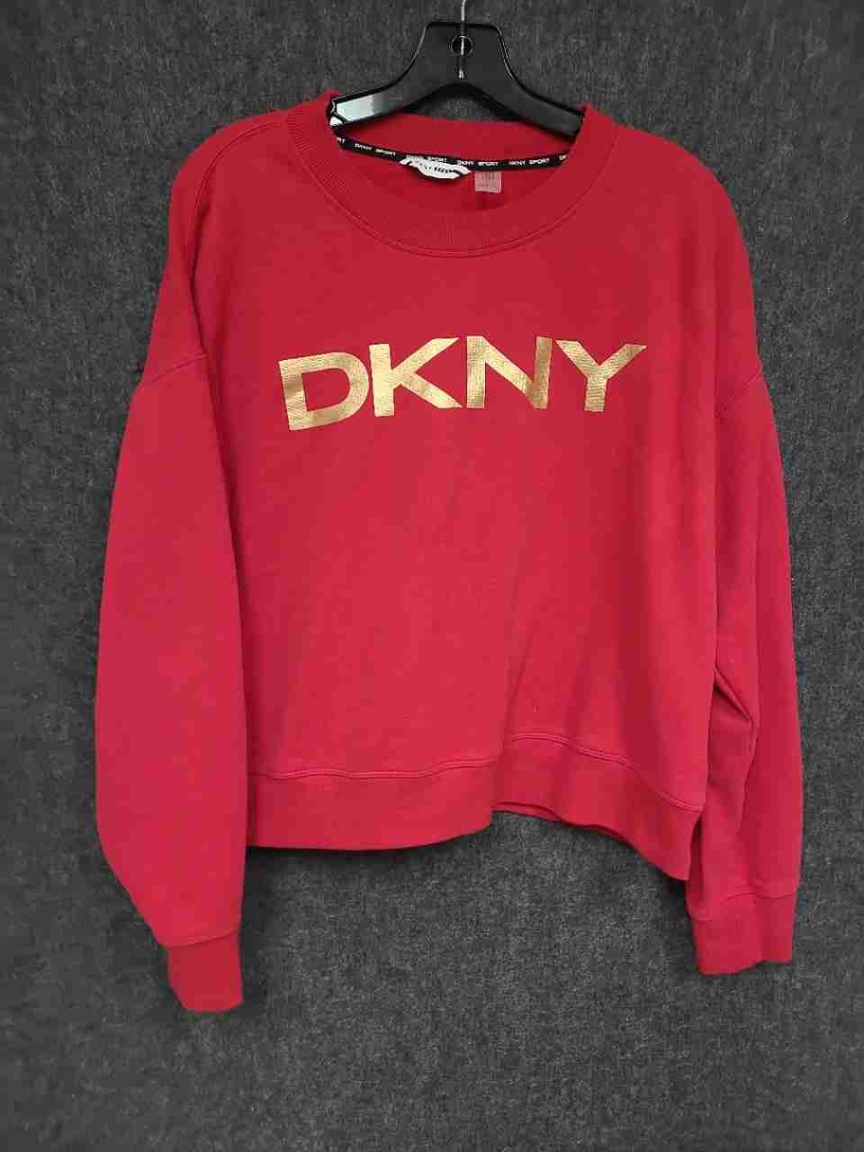 DKNY Sport Women's Red Gold Foil Logo Pullover Cropped Sweatshirt Sz L