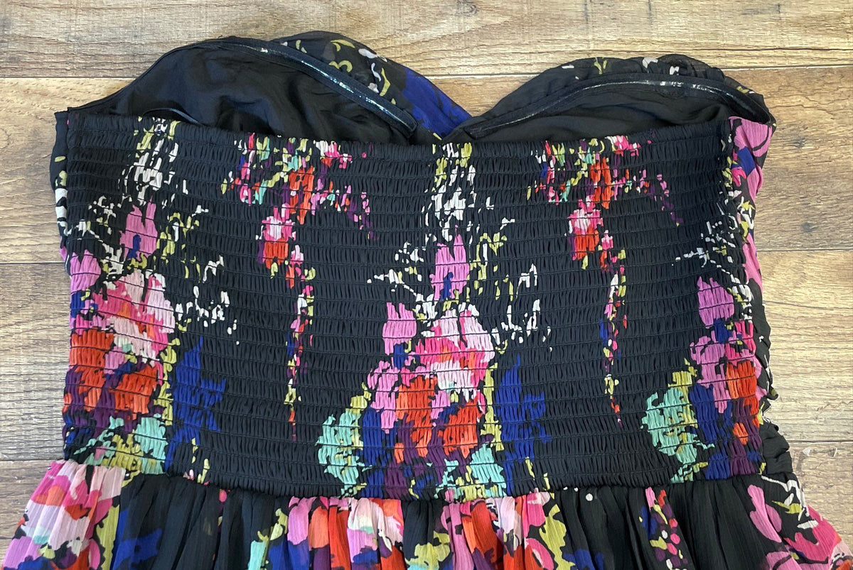 Express Women's Strapless Black Floral Maxi Dress Smocked Back Sz M