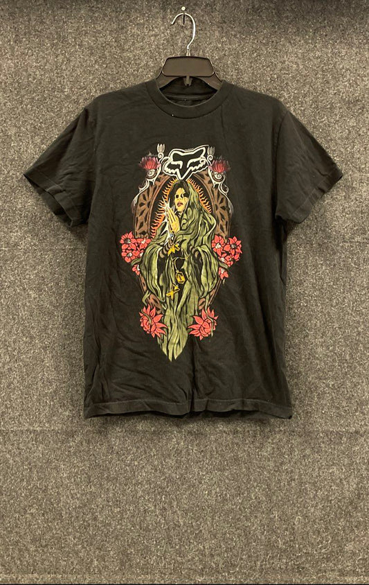 Fox Racing Deluxe Graphic T-Shirt Hooded Woman Goth Religious Style Black Sz M