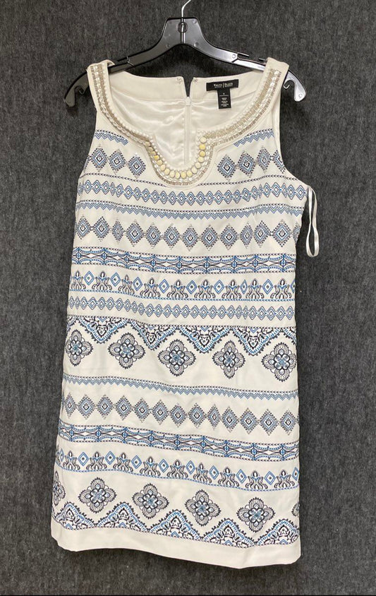 White House Black Market Women's White Blue Embellished Geometric Shift Dress 8