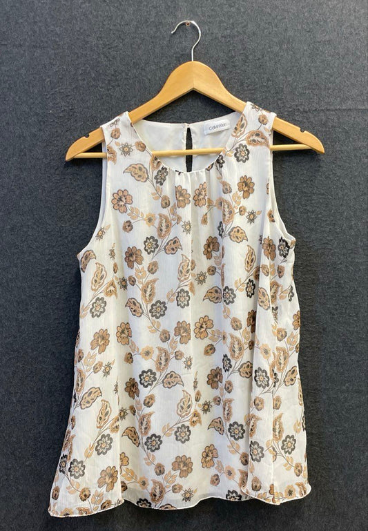 Calvin Klein Women's White Tan Floral Sleeveless Keyhole Lined Blouse Top