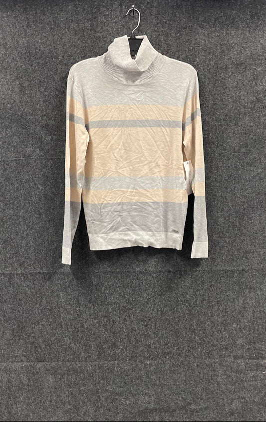Calvin Klein Women's Turtleneck Sweater Gray Cream Striped Fine Knit NWT Size L
