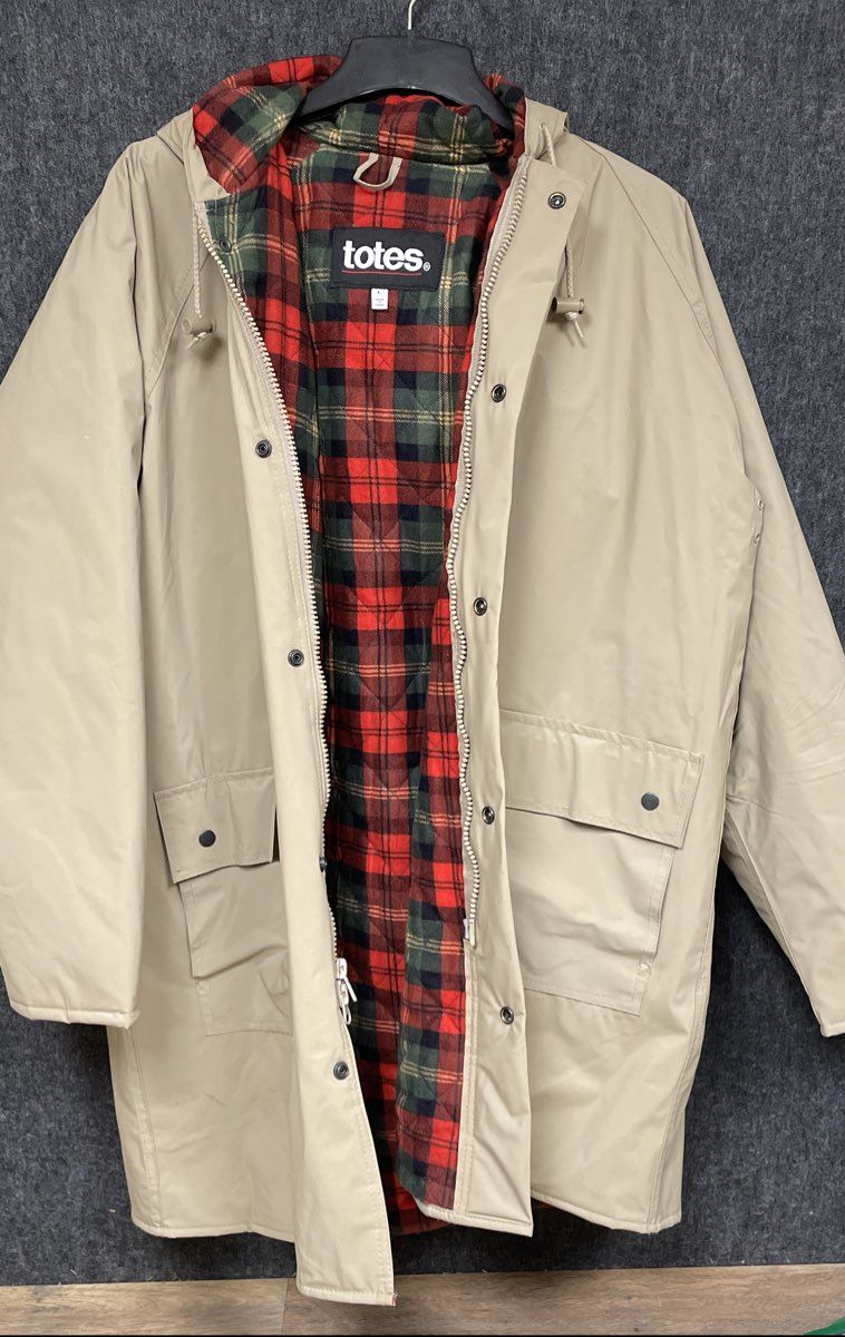 Vintage 90s Totes Tan Vinyl Rain Coat Jacket Plaid Lined Hooded Size L