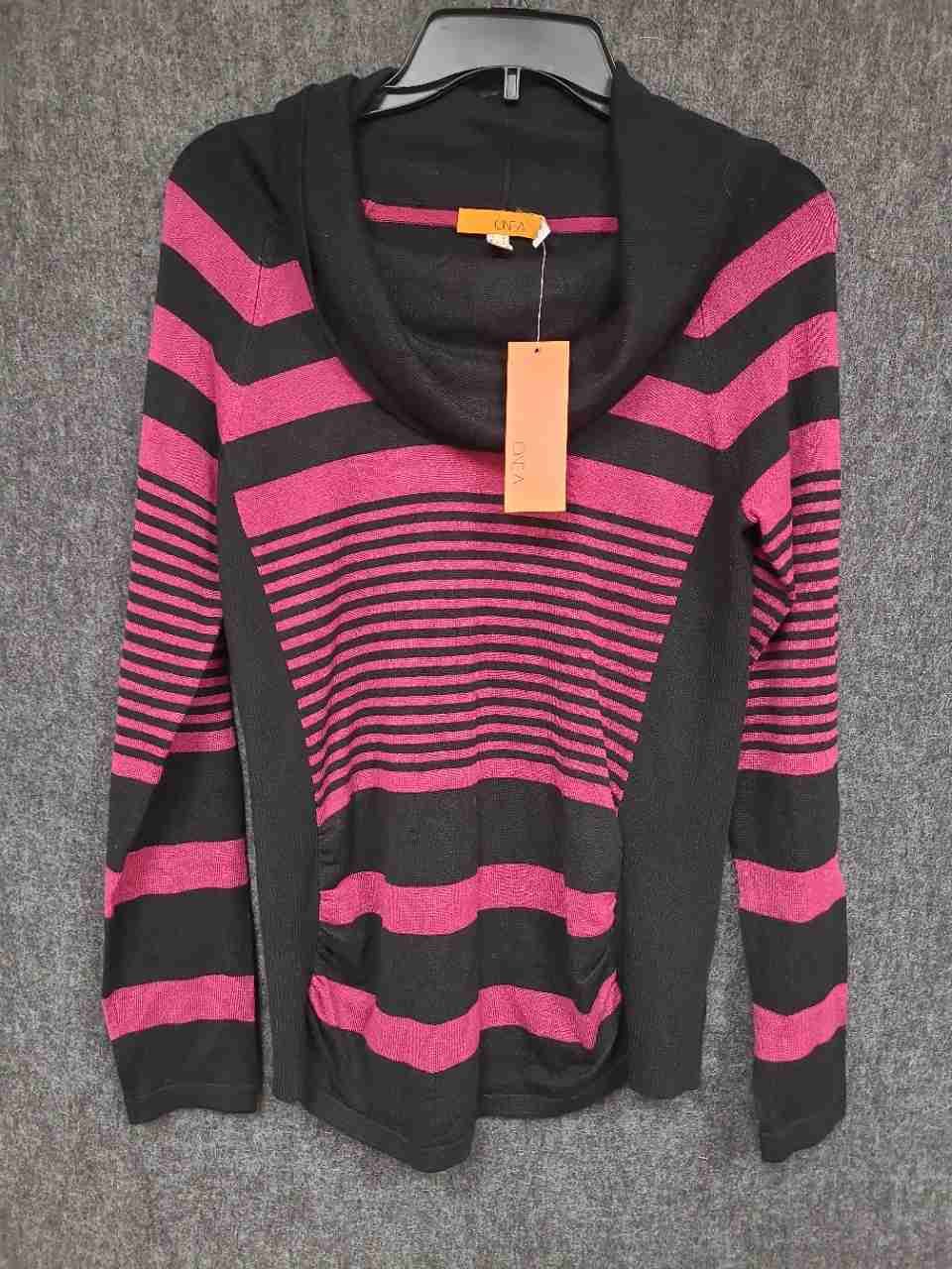 One A Women's Cowl Neck Sweater Black Punkberry Pink Striped Ruched NWT Sz M