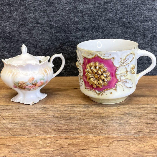 Antique Victorian Gilded Moustache Cup and Vintage Porcelain Russian Sugar Bowl