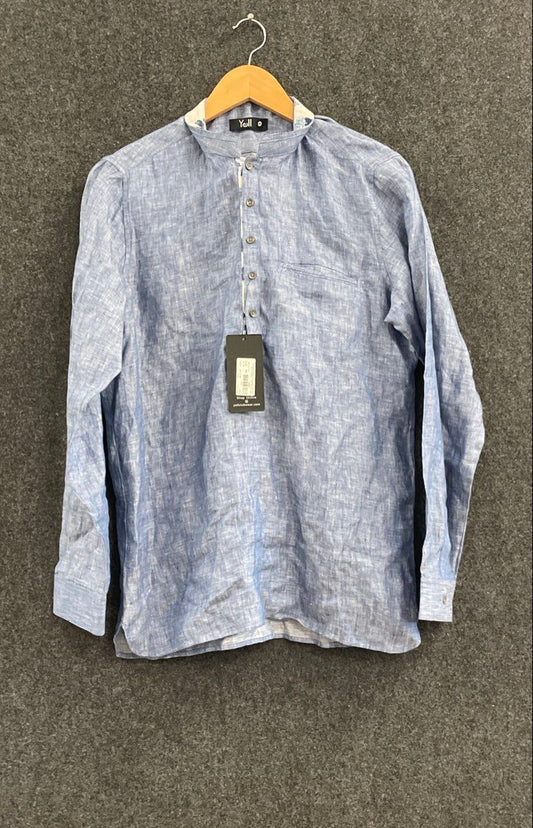 Yell Men's 100% Linen Band Collar Popover Shirt Blue Floral Trim Sz M NWT