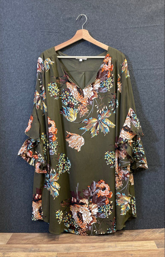 Umgee Women's Green Floral Ruffled Tiered Sleeve V-Neck Dress Sz 1XL