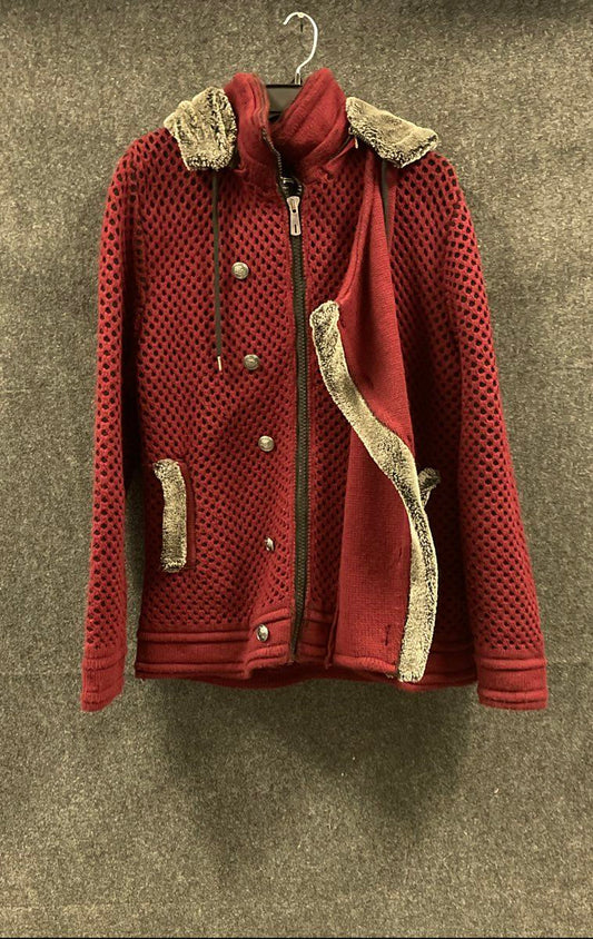 LCR Black Edition Women's Burgundy Hooded Cardigan Jacket Knit Faux Fur XXL