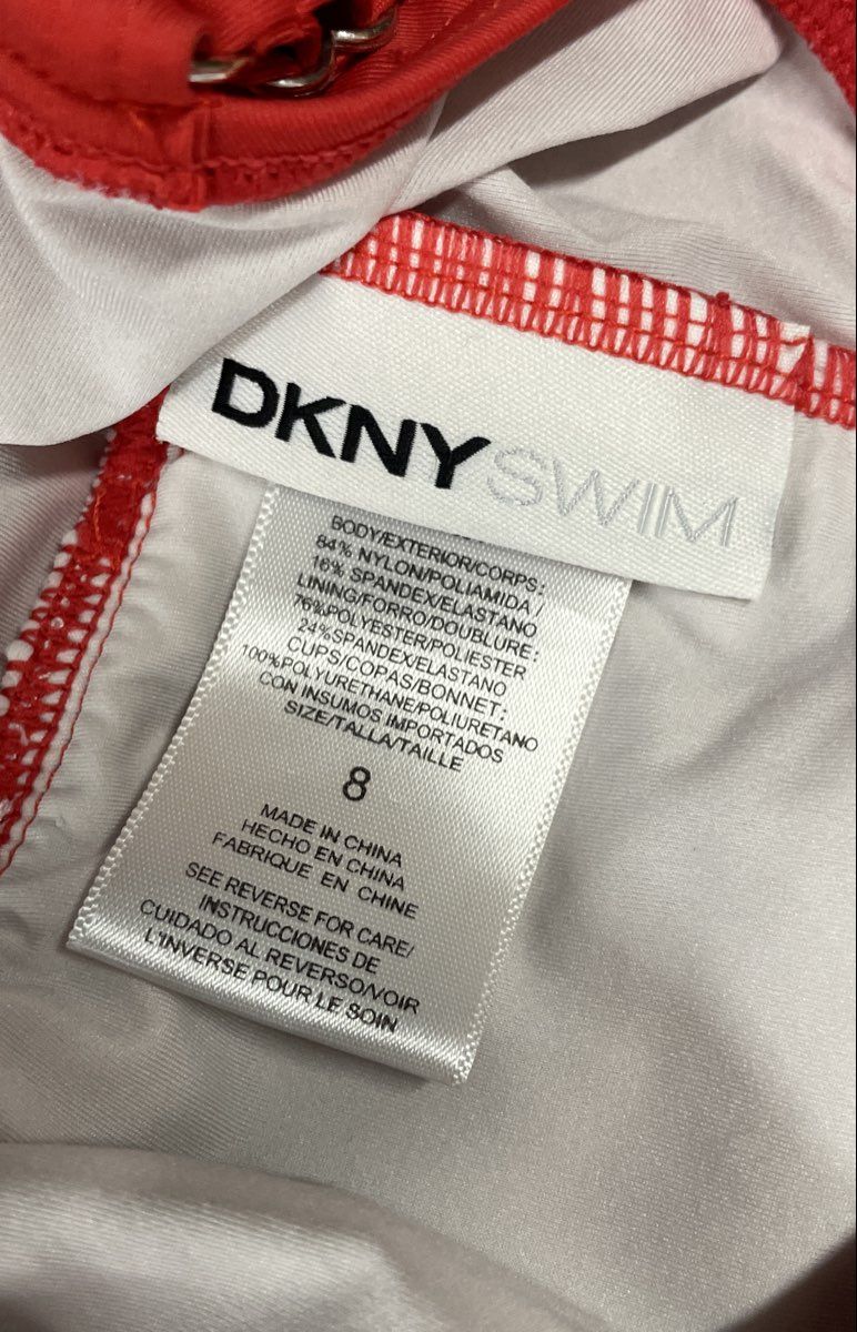 DKNY Women's Red Ruched V-Neck One Piece Swimsuit Adjustable Straps Sz 8