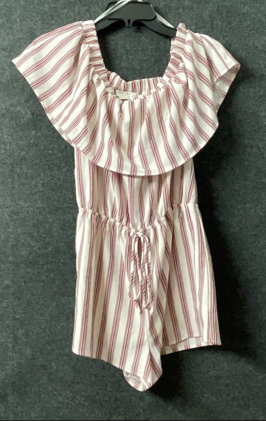 Forever 21 Women's Romper White Red Stripe Off Shoulder Ruffle Size S