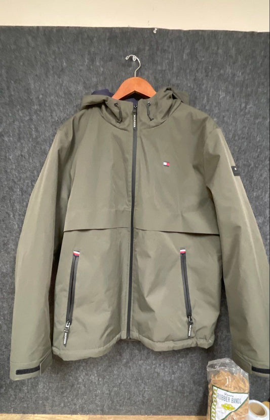 Tommy Hilfiger Men's Olive Green Hooded Jacket Wind Water Resistant Stretch Sz L