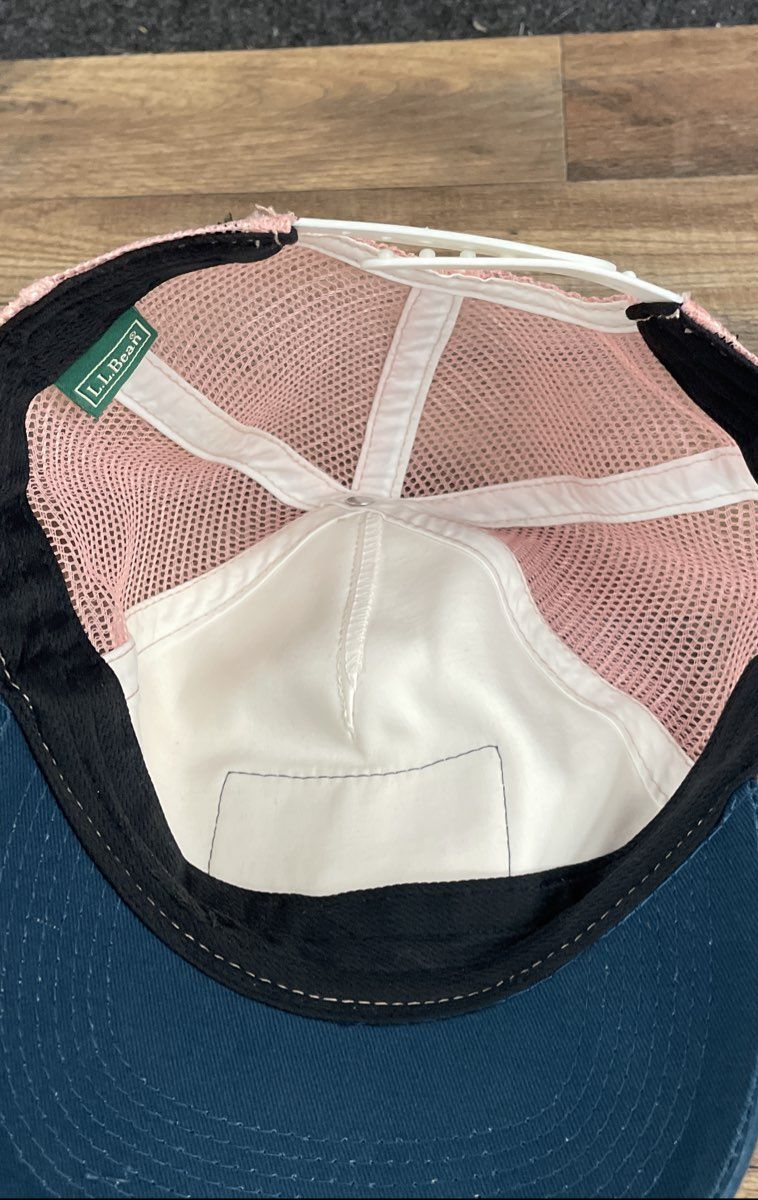 L.L. Bean Unisex Trucker Hat Cream Blue Pink Mesh Back Snapback Mountain Logo