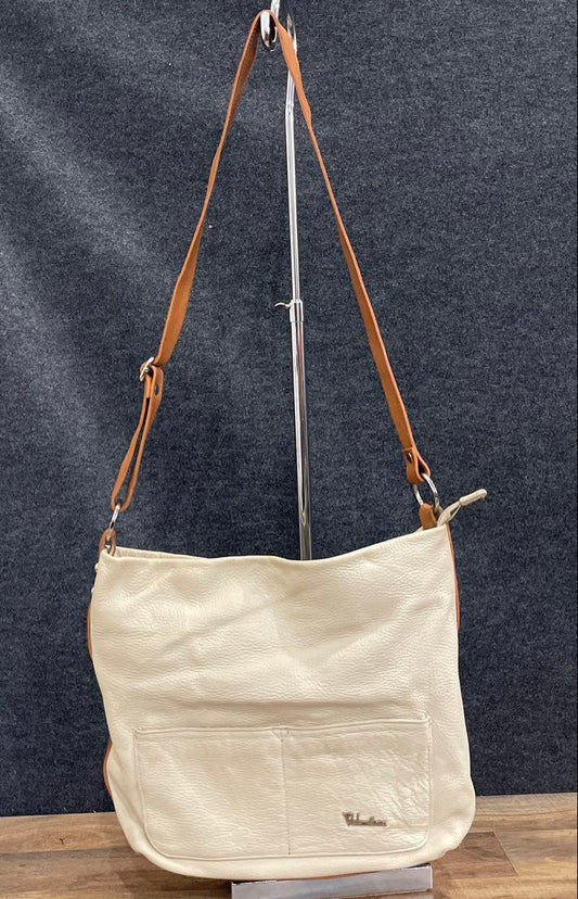 Valentina White Pebbled Leather Hobo Shoulder Bag Tan Trim Silver Tone Logo