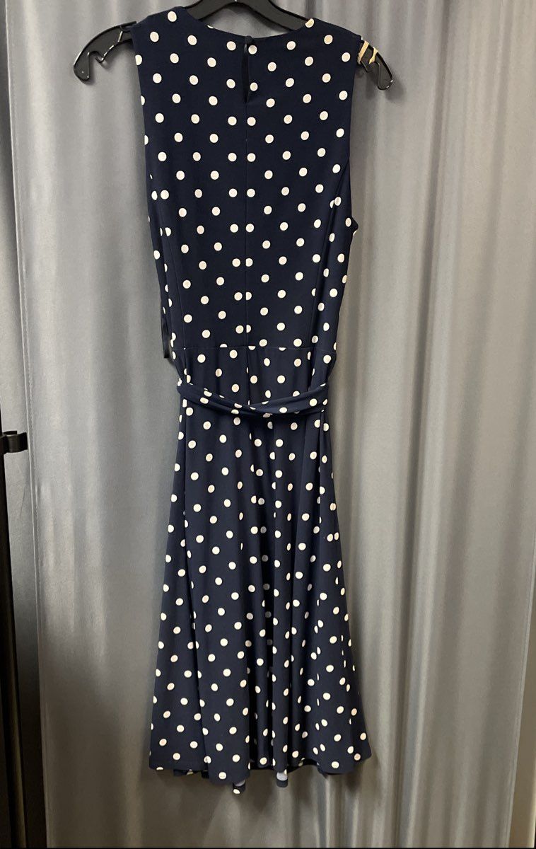 Lauren Ralph Lauren Women's Navy Blue White Polka Dot Sleeveless Dress Size 10