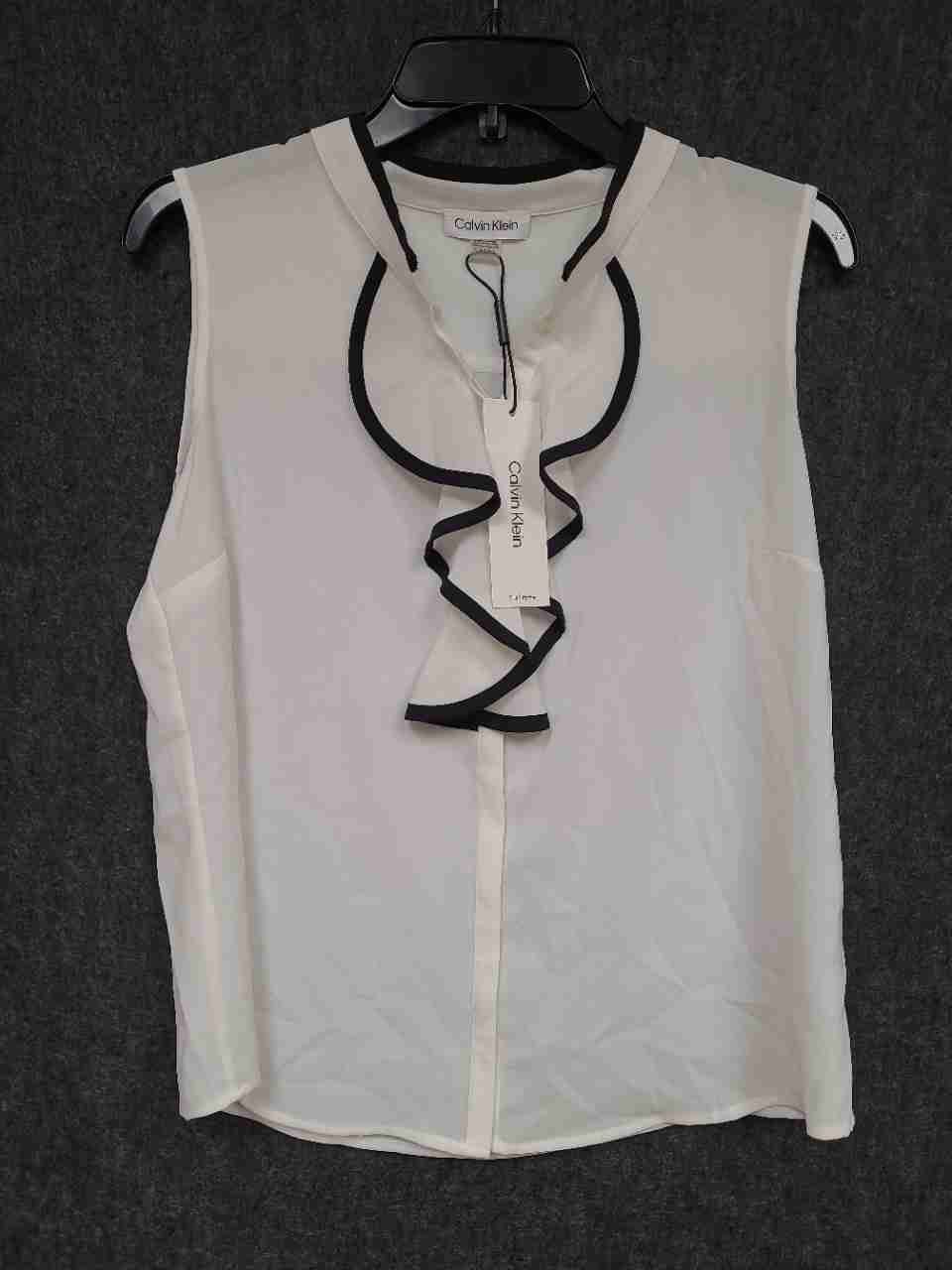 Calvin Klein Women's White Black Ruffle Front Sleeveless Blouse Petite PL NWT