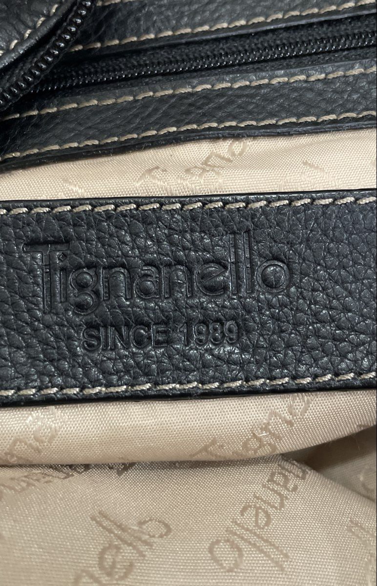 Tignanello Black Leather Multi Pocket Crossbody Shoulder Bag Silver Hardware