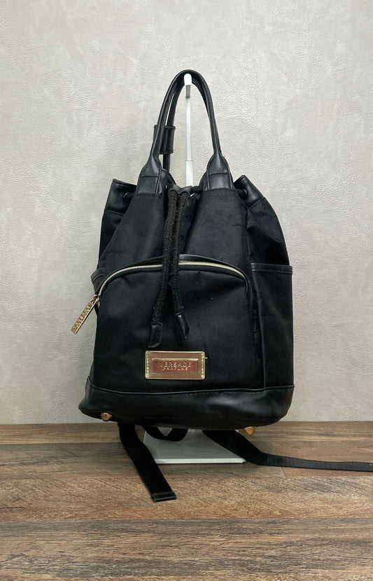 Versace Parfums Black Nylon Backpack Greca Pattern Straps Gold Hardware