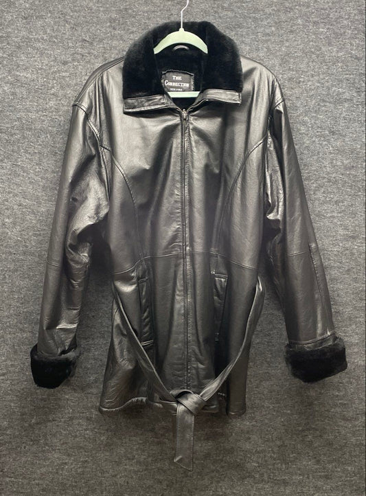 The Connection New York Women's Black Leather Faux Fur Trim Belted Jacket Sz L