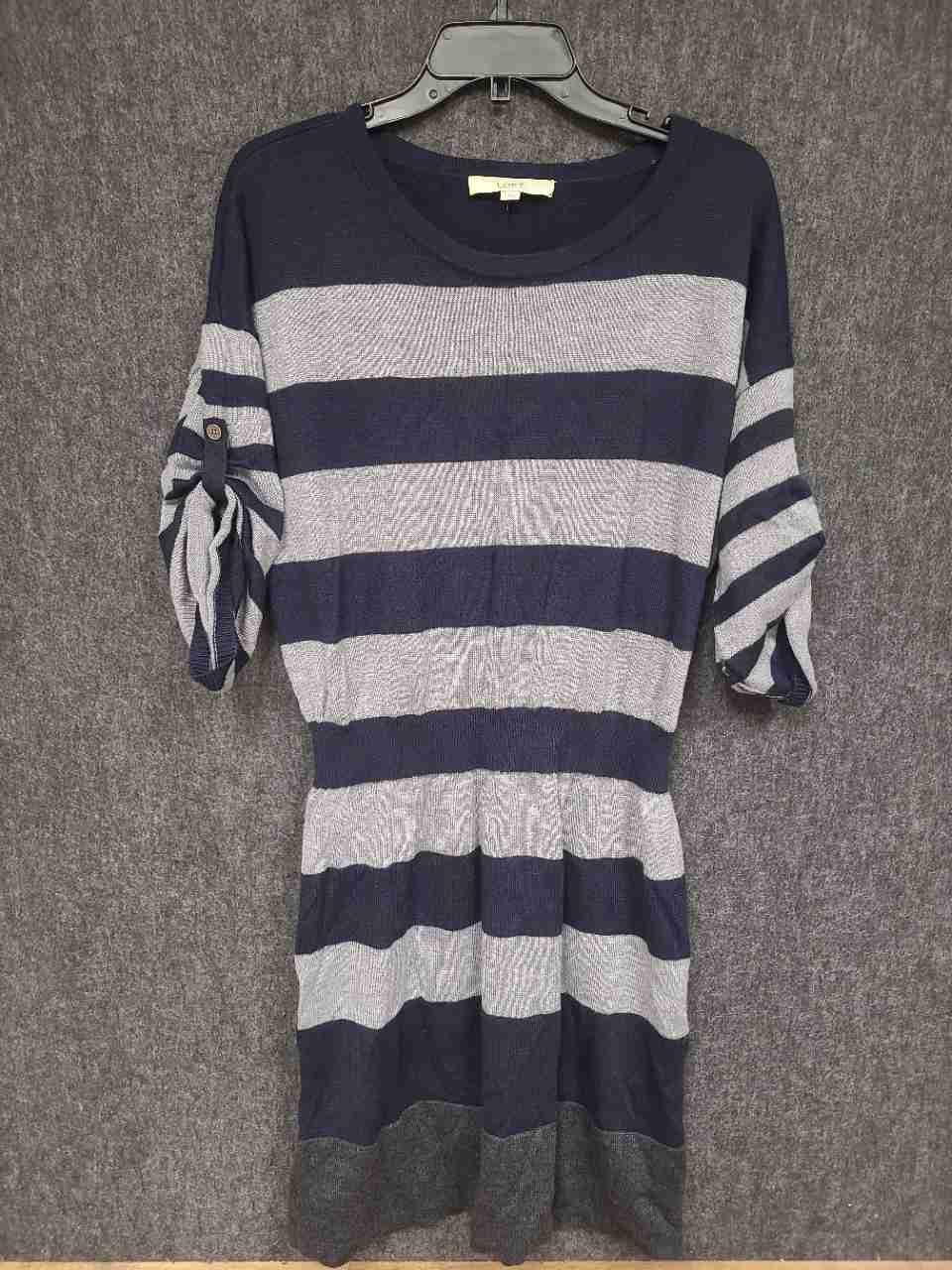 Loft Women's Knit Dress Navy Gray Striped Merino Wool Tab Sleeve Size L