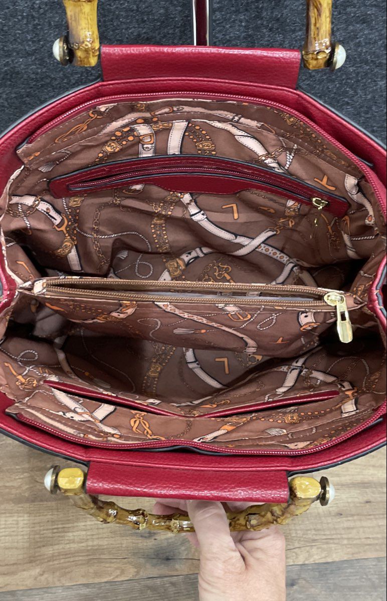 Red Pebbled Leather Bamboo Handle Satchel Bag Gold Tone Hardware