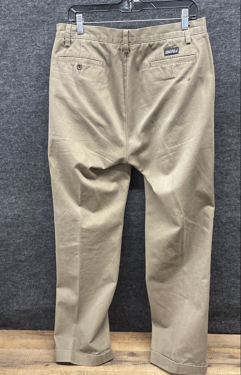 Nautica Men's Rigger Brown Pleated Cotton Cuffed Pants Size 33x30