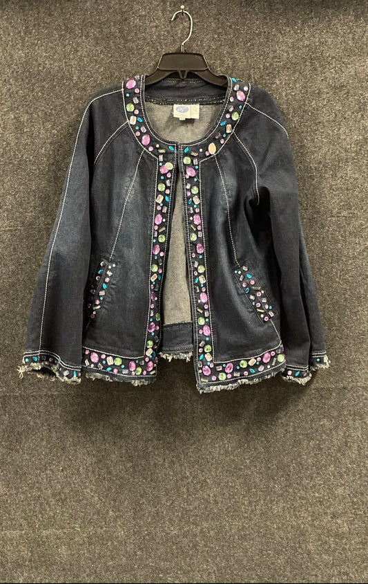 DG2 Diane Gilman Women's Dark Wash Studded Gem Denim Jacket Open Front L