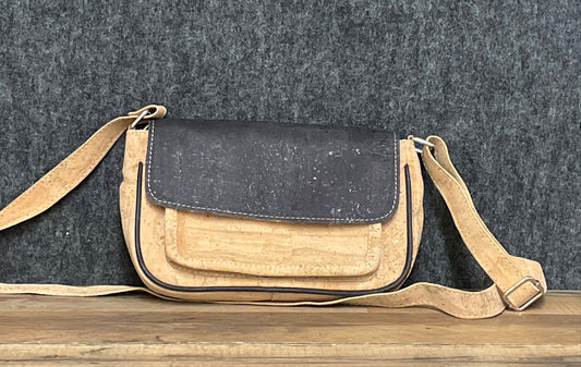 Natural Cork Crossbody Bag Two Tone Tan and Grey Silver Hardware Small