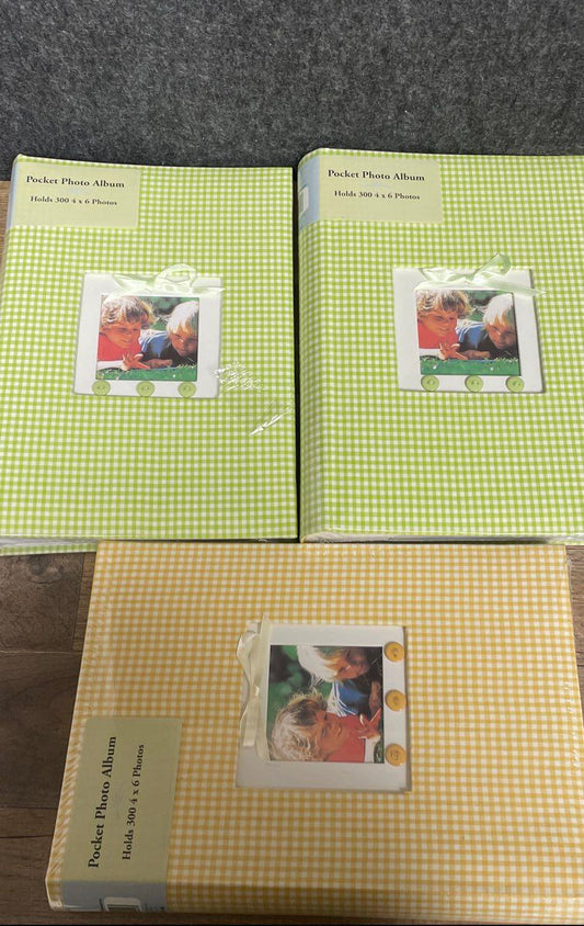 Lot of 3 New Sealed Gingham Photo Albums 300 4x6 Photos Green & Yellow