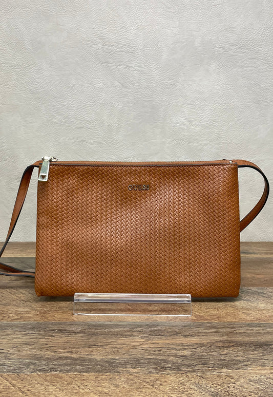 Guess Brown Woven Faux Leather Crossbody Bag Gold Tone Hardware
