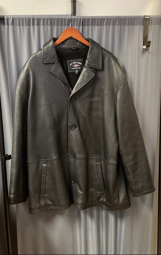 U.S. Polo Assn. Men's Black Genuine Leather Button Front Car Coat Sz XXL