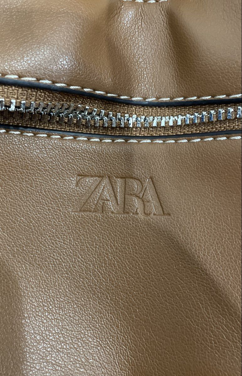 Zara White Striped Fabric Tote Bag Large Shopper Brown Trim Adjustable Straps