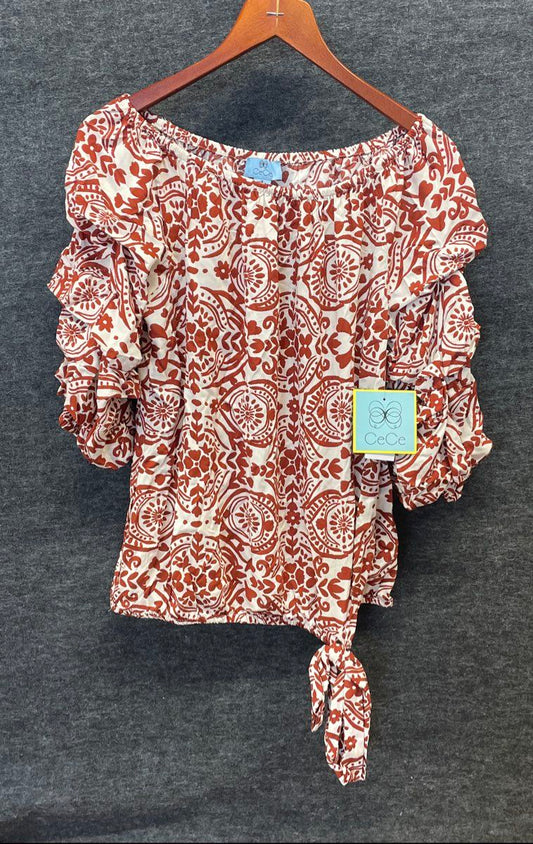 NWT CeCe Women's Ivory Red Off Shoulder Medallion Print Puff Sleeve Blouse M