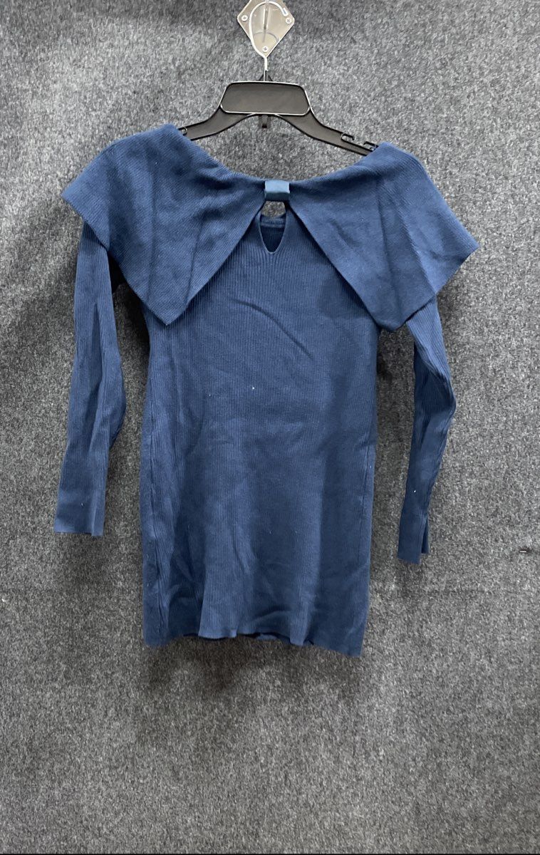 White House Black Market Women's Ribbed Off Shoulder Sweater Blue Keyhole Sz MP