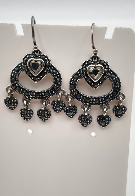 925 Sterling Silver Marcasite Heart Chandelier Dangle Earrings 6.5g