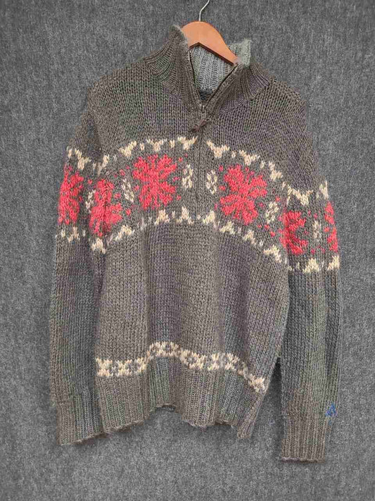 American Eagle Men's 1/4 Zip Sweater Gray Wool Blend Fair Isle Snowflake XL
