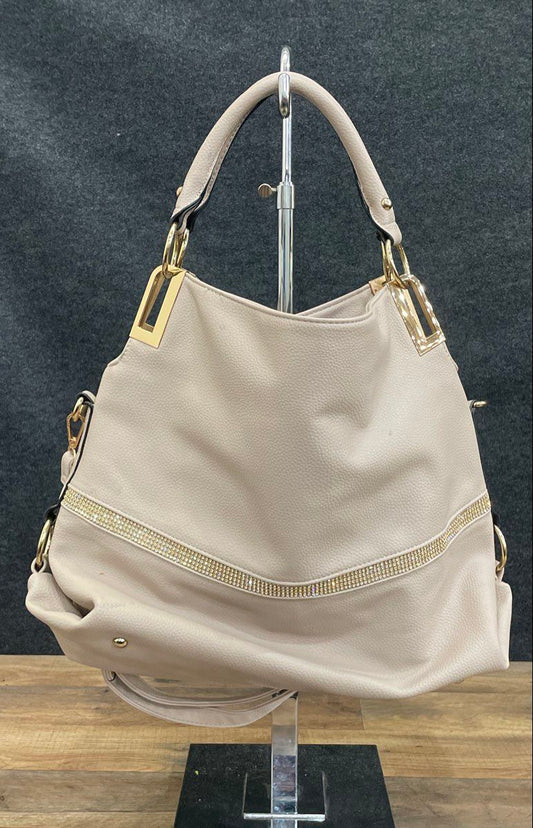 Dasein Grey Pebbled Vegan Leather Hobo Shoulder Bag Gold Tone Rhinestone