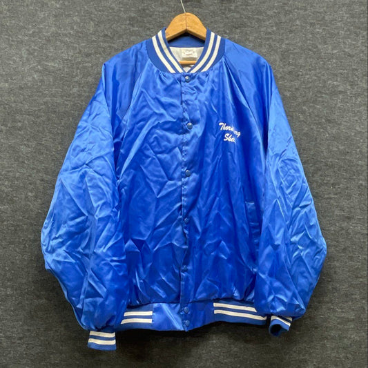 Vintage 80s Thornburg Shell 24 Hr Towing Satin Bomber Jacket Blue XL USA