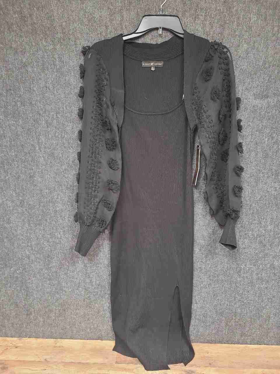 Almost Famous Women's Black Ribbed Midi Dress Shrug Set Pom Pom Sleeve NWT Sz L