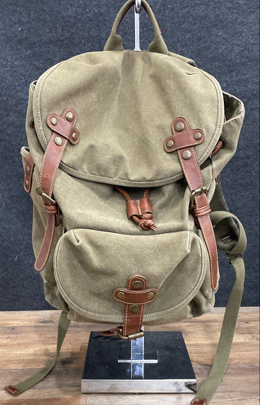 Cargoit Green Canvas Leather Trim Rucksack Backpack Travel Bag Brass Hardware